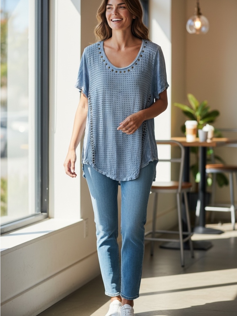 Light Blue Eyelet Scoop Neck Top | Large